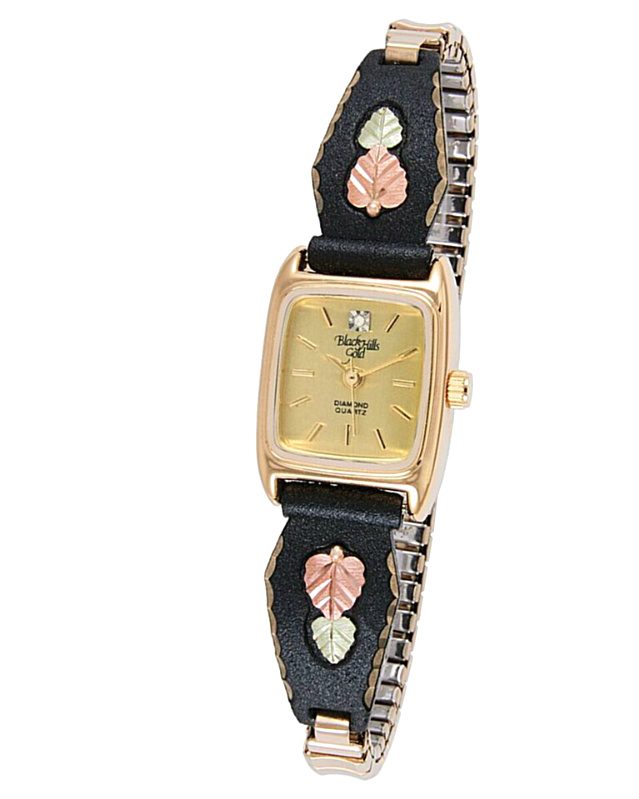 9-WB158-WHT-Heart Shaped Grape Leaf Champagne Face Watch-640 "White Powder Coated Accented with Heart Shaped Grape Leaf Champagne Face Watch, 10k Yellow Gold, 12k Green and Rose Gold Black Hills Gold Motif "