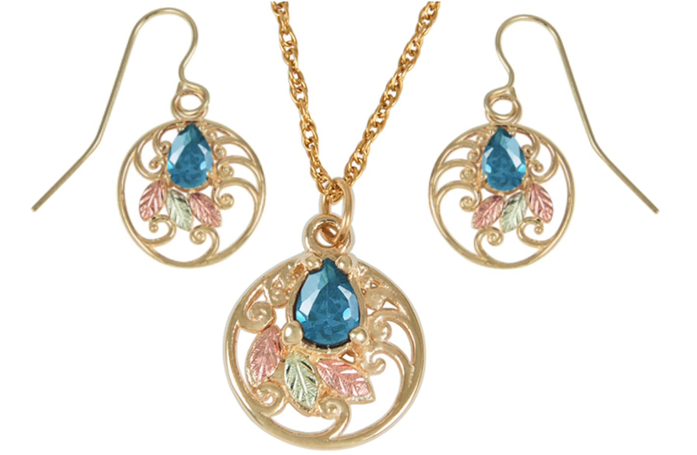 London Blue Topaz Circle Necklace and London Blue Topaz Circle Earrings in 10k Yellow Gold, 12k Rose Gold, 12k Green Gold Black Hills Gold Motif. 