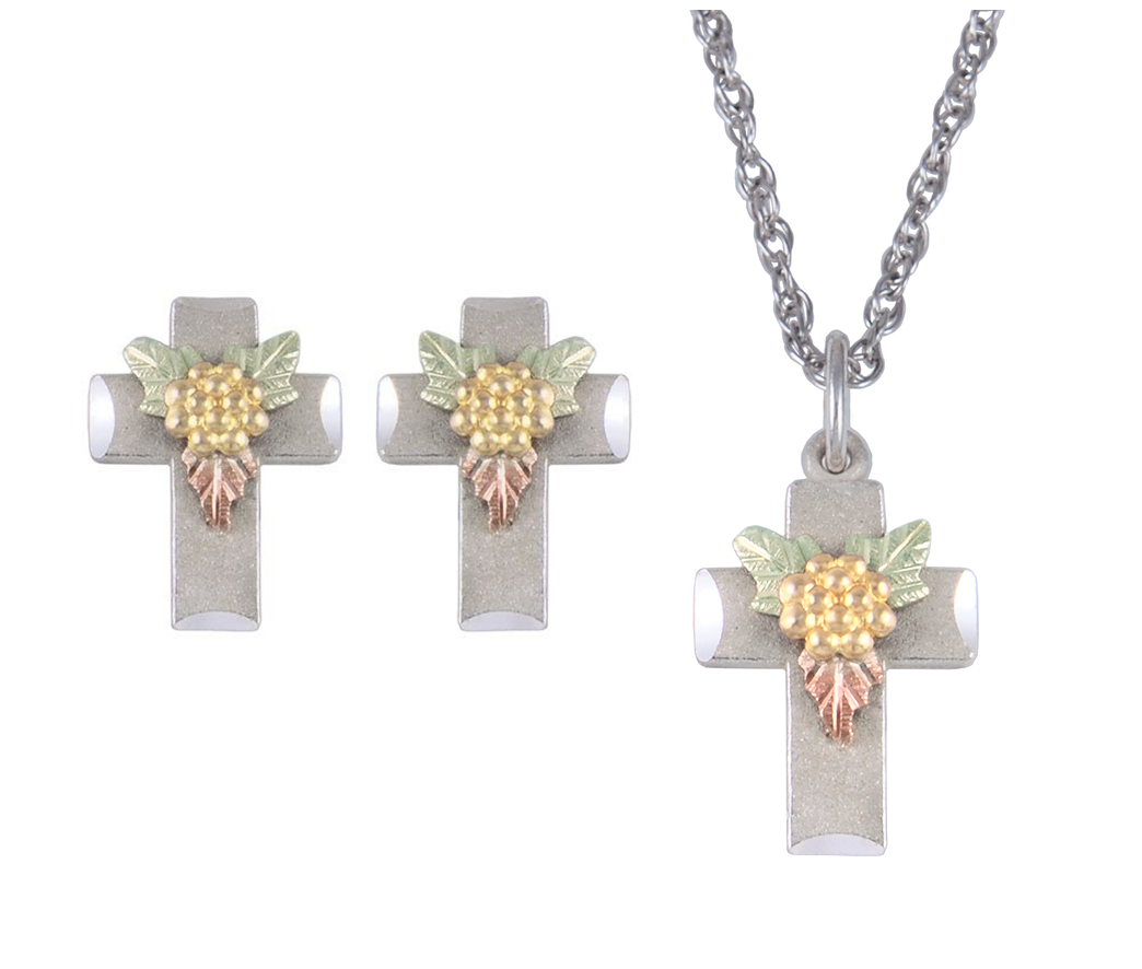 10k Rose of Sharon Cross Earrings and Necklace Jewelry Set, Sterling Silver, 12k Rose Gold, 12k Green Gold Black Hills Gold Motif