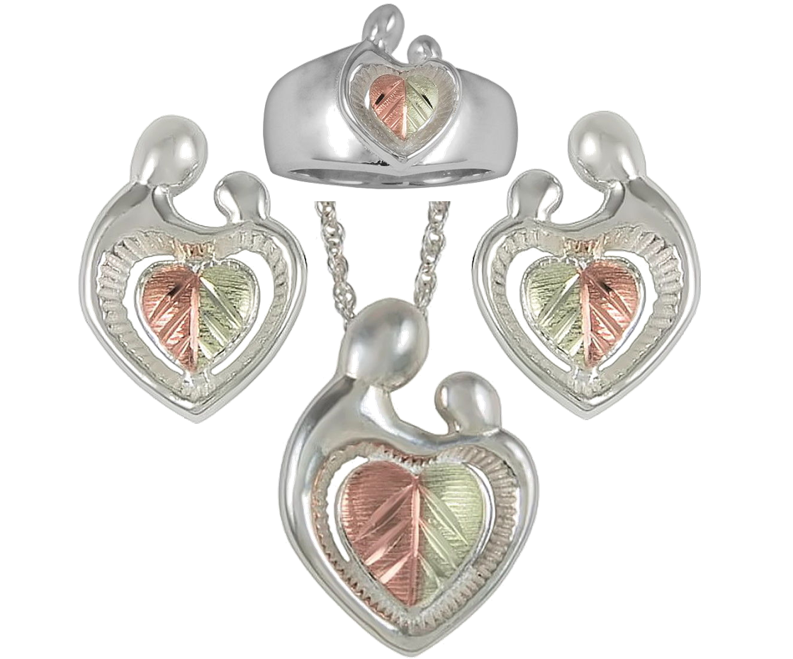 Mother & Child Two-Tone Heart Ring, Necklace and Earring Set, Sterling Silver, 12k Green and Gold Black Hills Gold. Rings in Sizes 4 to 12.5