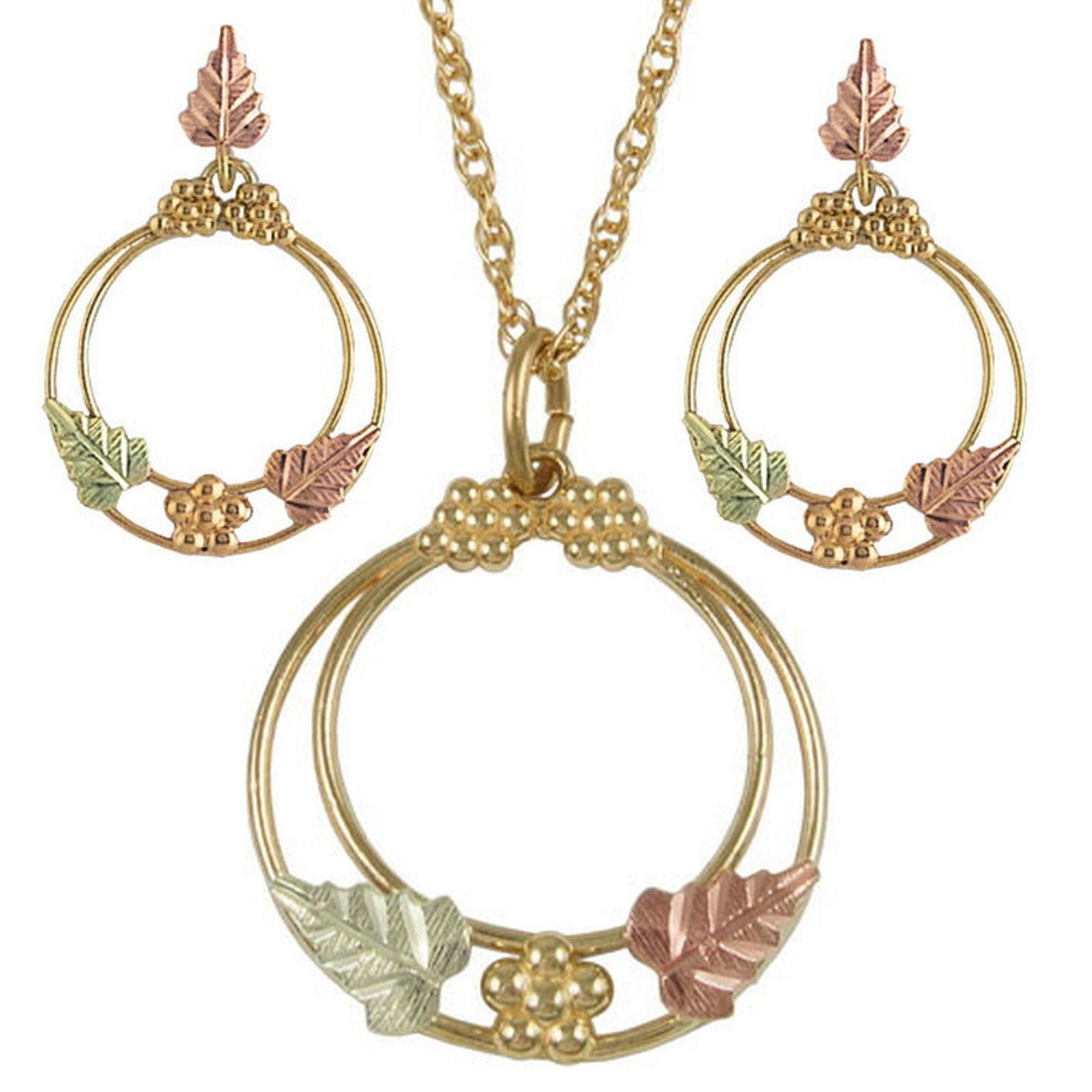 Grape Rosette Circle Necklace and Earrings Jewelry Set, Black Hills Gold on 10k Yellow Gold, 12k Rose and Green Gold. 