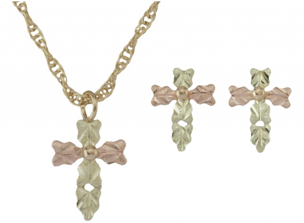 Cross Necklace and Earrings Jewelry Set, Black Hills Gold on 10k Yellow Gold, 12k Rose and Green Gold. 