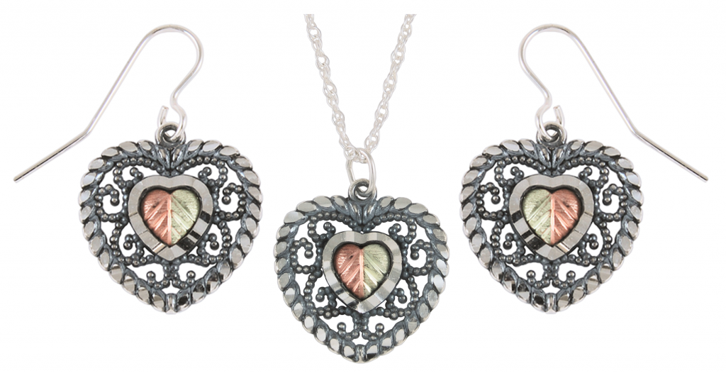 Oxidized Rope Trimmed Heart Necklace and Earrings Jewelry Set, Sterling Silver, 12k Rose and Green Gold Black Hills Gold Motif