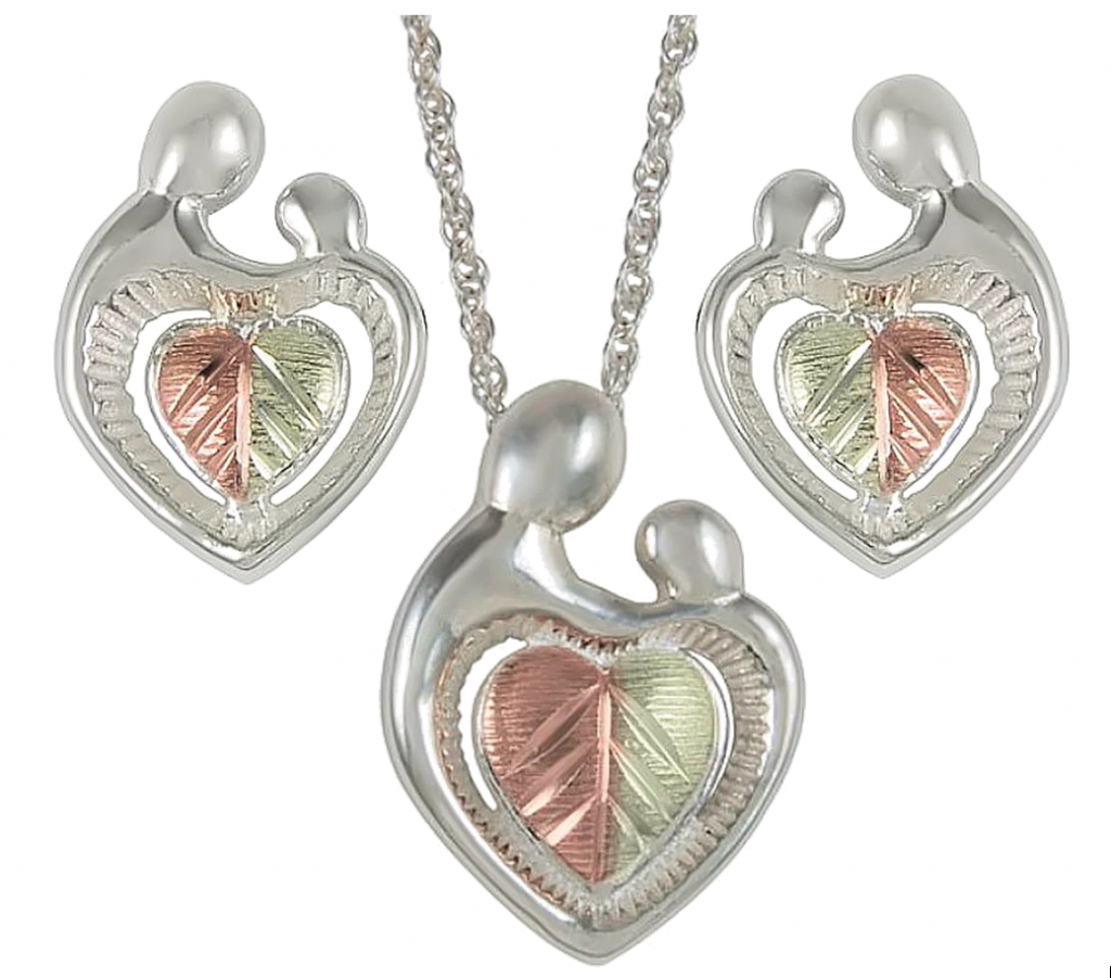 Mother & Child Two-Tone Heart Necklace and Earring Set, Sterling Silver, 12k Green and Gold Black Hills Gold