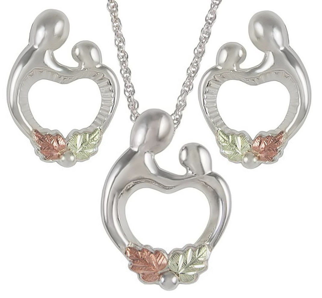 Mother Child Open-Heart Necklace and Earrings Jewelry Set, Black Hills Gold on Sterling Silver, 12k Rose and Green Gold
