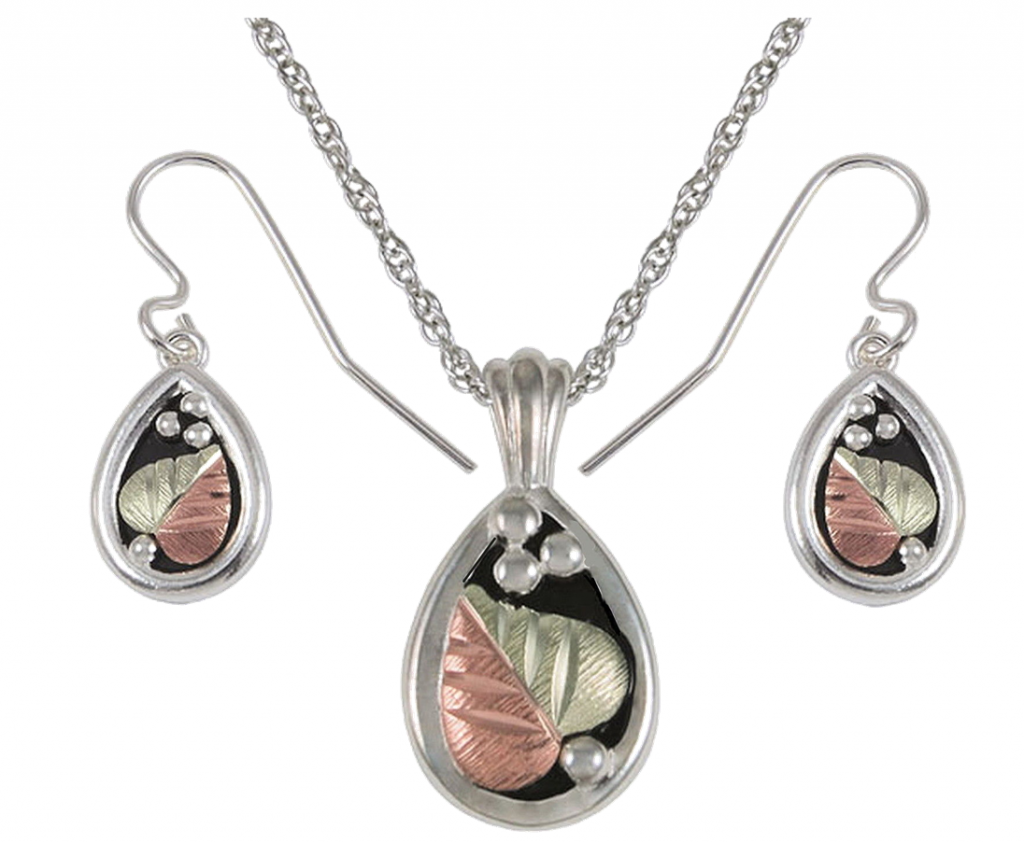 Antiqued Teardrop Necklace and Earrings Jewelry Set, Black Hills Gold on Sterling Silver, 12k Rose and Green Gold