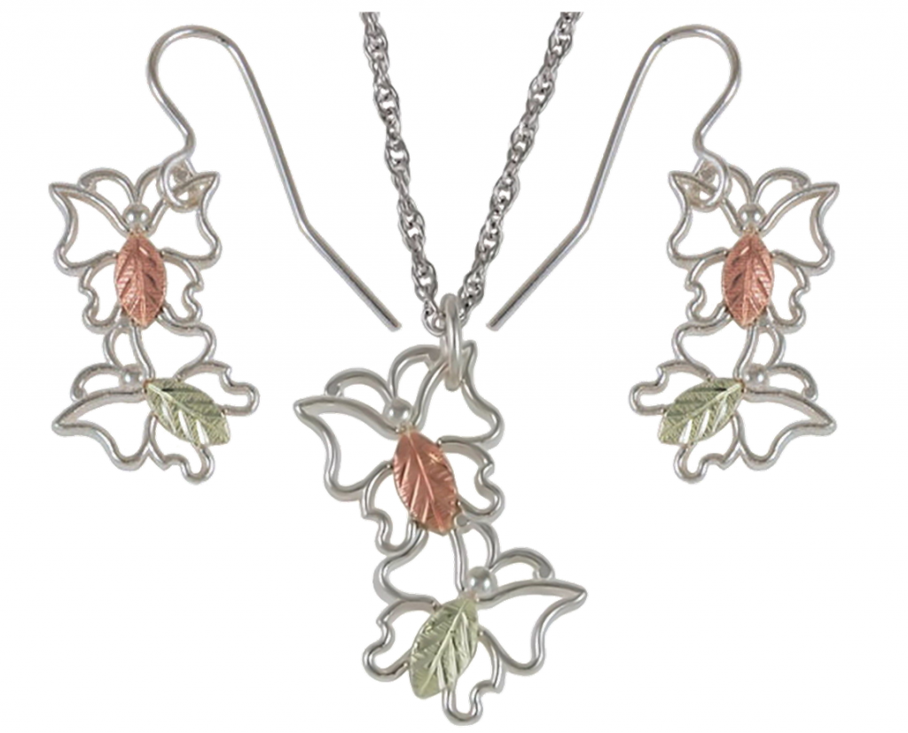 Cut-Out Double Butterfly Necklace and Earrings Jewelry Set, Black Hills Gold on Sterling Silver, 12k Rose and Green Gold