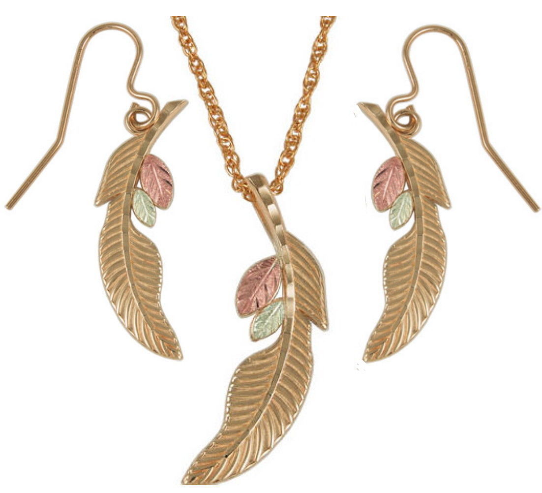 Feather Necklace and Earrings Jewelry Set, Black Hills Gold on 10k Yellow Gold, 12k Rose and Green Gold. 