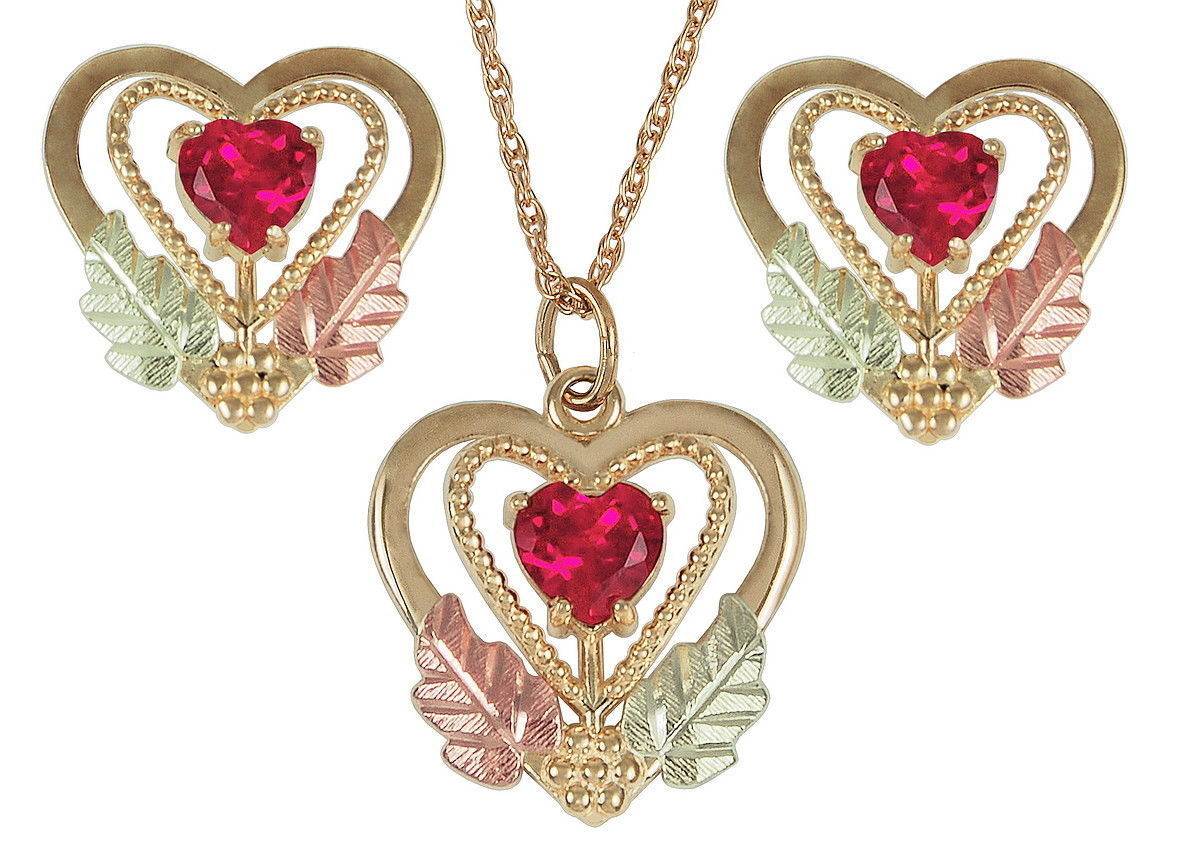 Ruby Heart Necklace and Earrings Jewelry Set, Black Hills Gold on 10k Yellow Gold, 12k Rose and Green Gold, 18