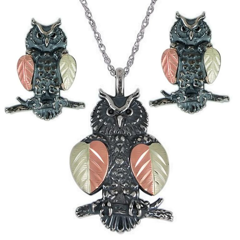 Owl Two Tone Heart Leaf Necklace and Earrings Jewelry Set, Black Hills Gold on Sterling Silver, 12k Rose and Green Gold
