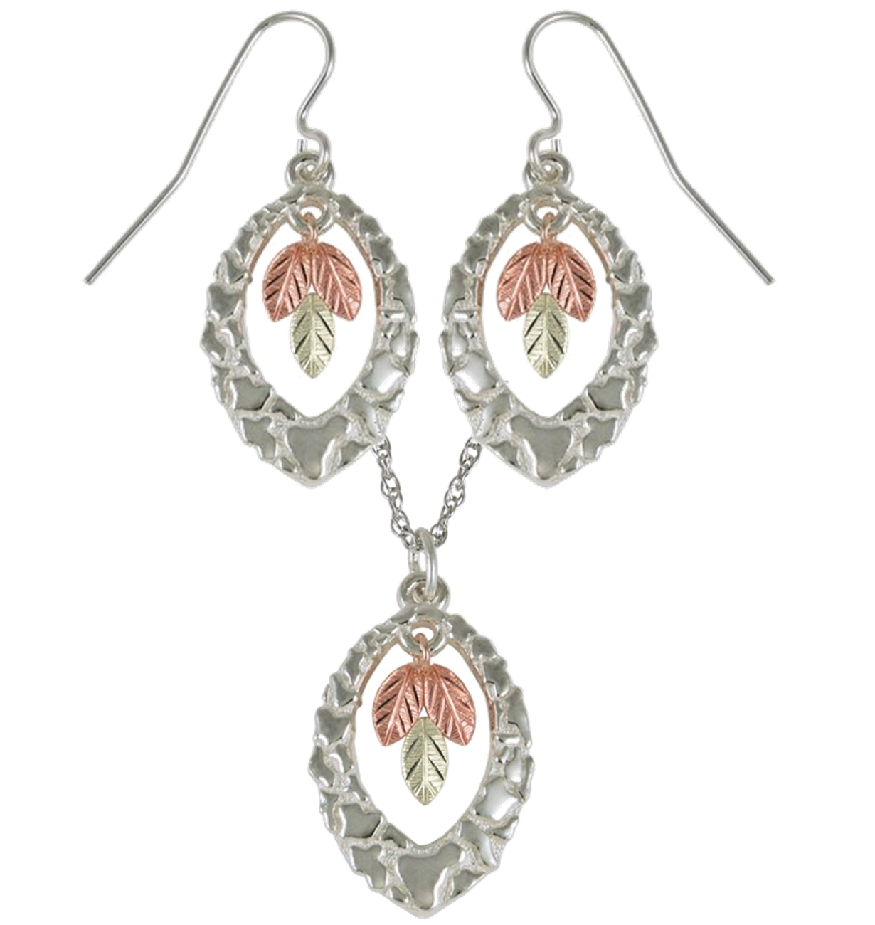 Nugget finished, cut-out leaf dangles earring and necklace jewelry set in sterling silver, 12k rose gold, 12k green gold in Black Hills Gold motif.