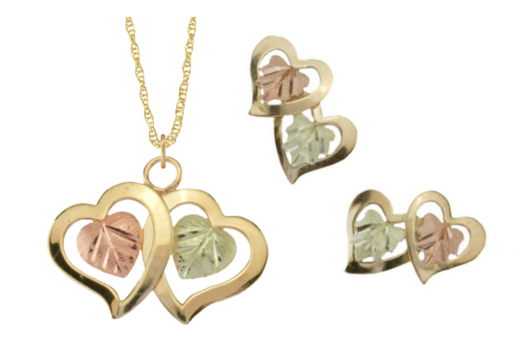 Double Hearts Necklace and Earrings Jewelry Set, 10k Yellow Gold, 12k Rose and Green Gold Black Hills Gold Motif. 