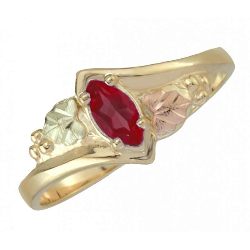 Ruby Marquise Bypass Ring, 10k Yellow Gold, 12 Green and Rose Gold Black Hills Gold Motif