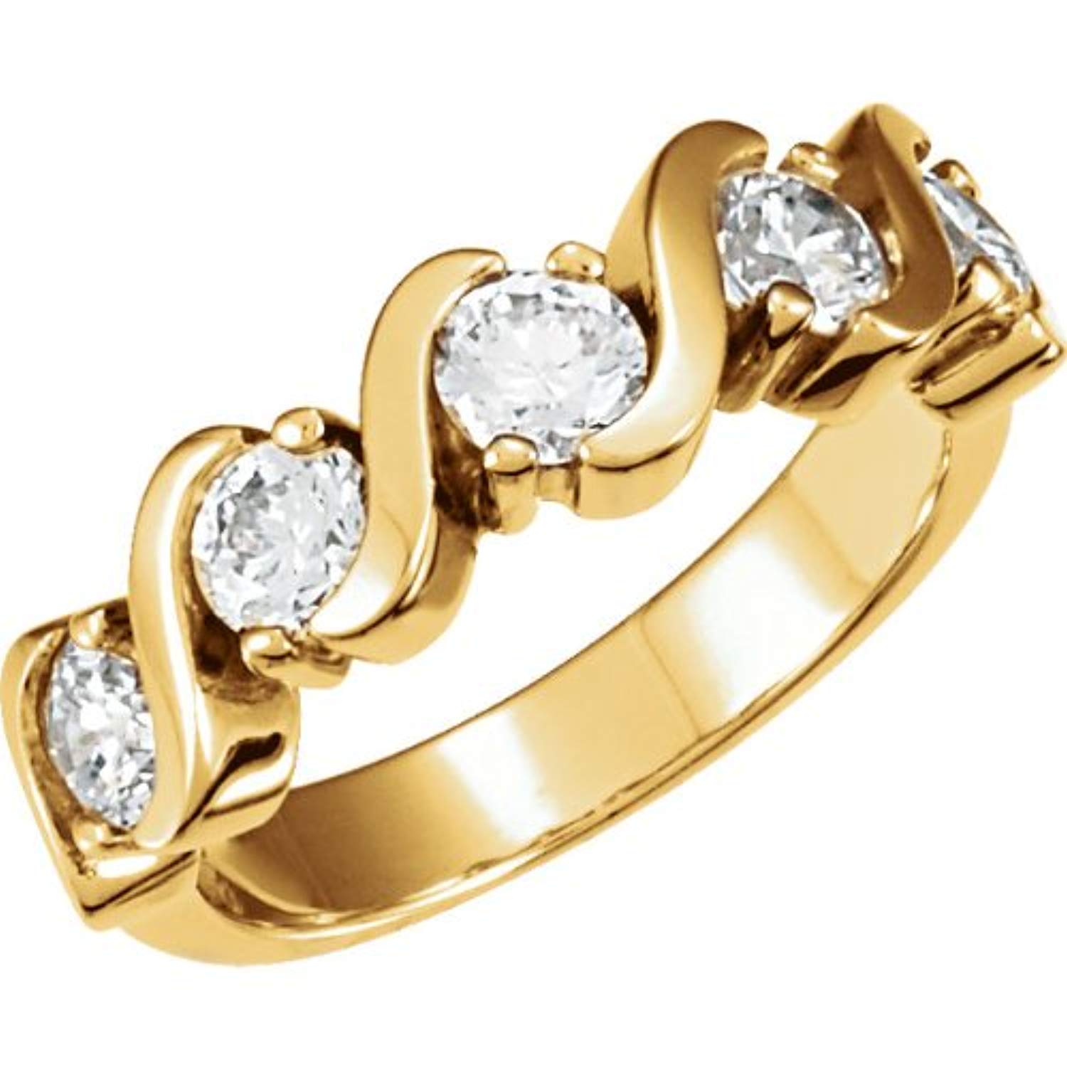14k yellow gold 5-stone anniversary ring, finger view.