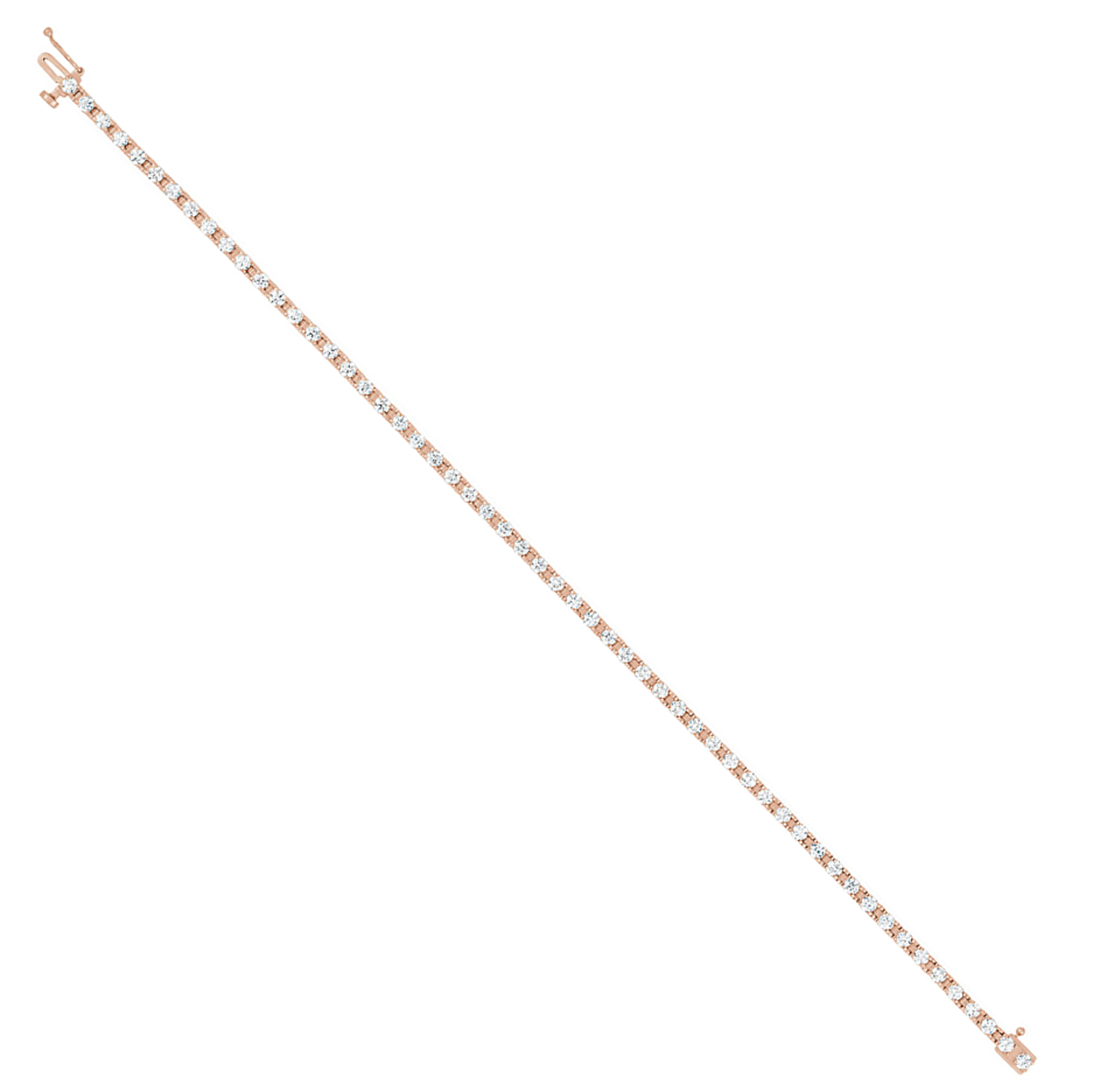 14k rose gold diamond tennis bracelet with 56 hand-set diamonds totaling 2.25 carats. 