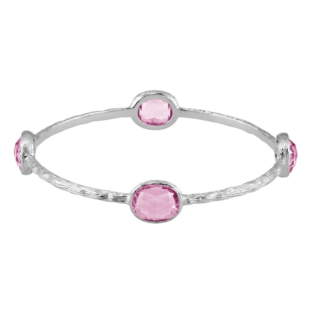Oval Pink Quartz Bangle Bracelet, 14k Yellow Gold Plated and Sterling Silver, 8"