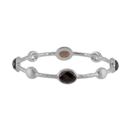 Genuine Checkerboard Smoky Quartz Bangle Bracelet, Sterling Silver, 8"