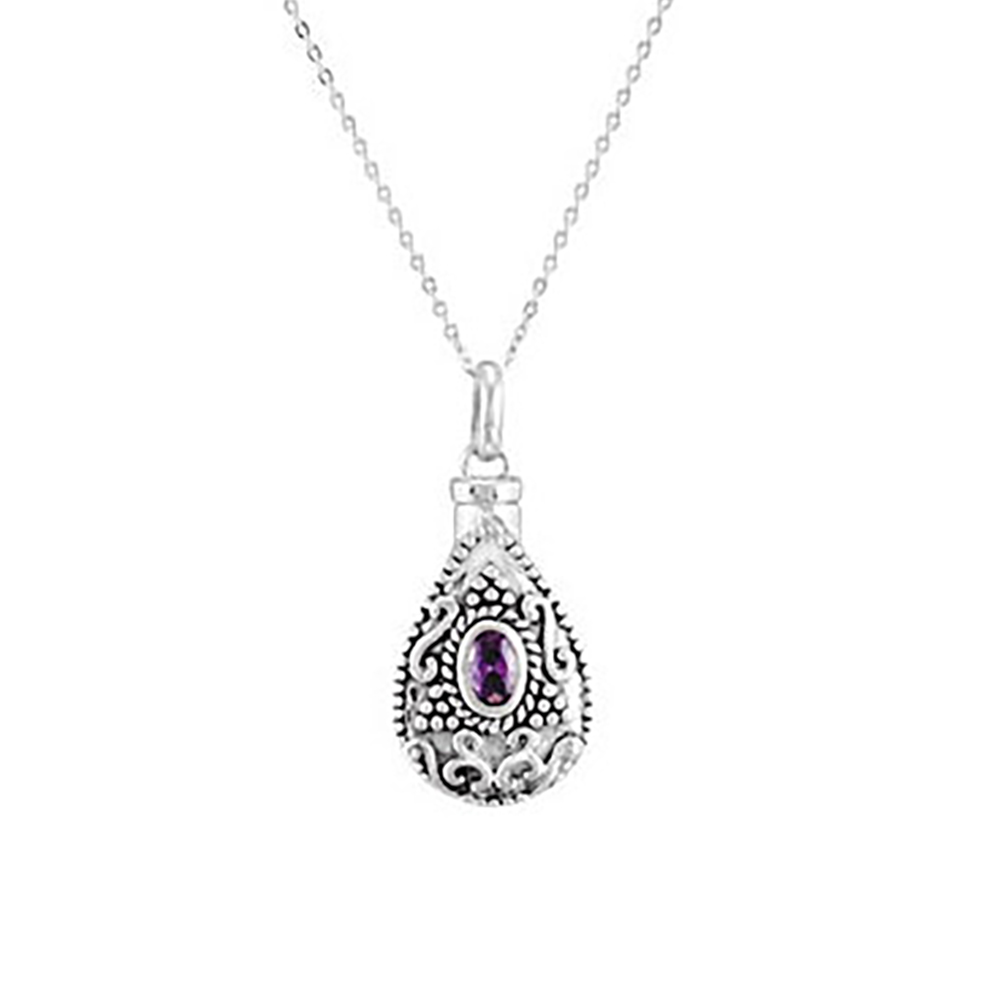 Purple CZ Teardrop Ash Holder Necklace, Rhodium Plate Sterling Silver.