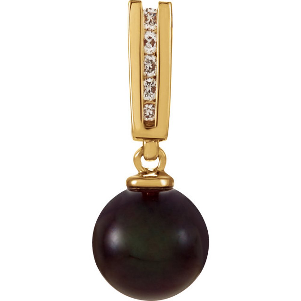 Black Cultured Pearl Bar Pendant, 14k Yellow Gold (0.07 Ctw, Color G-H, Clarity I1 ). 