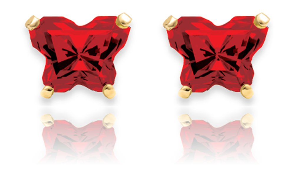 Red CZ January Little Girls Birthstone Butterfly Earrings in 14k Yellow Gold with Threaded Backs.