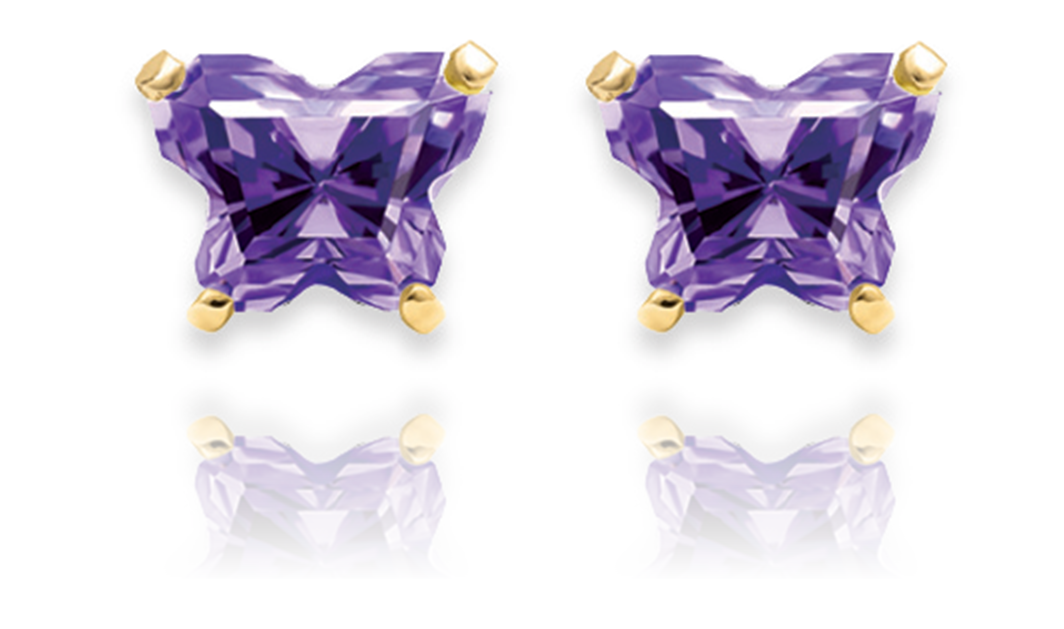Bfly Purple CZ February Birthstone Earrings in 14k Yellow Gold with Threaded Backs.