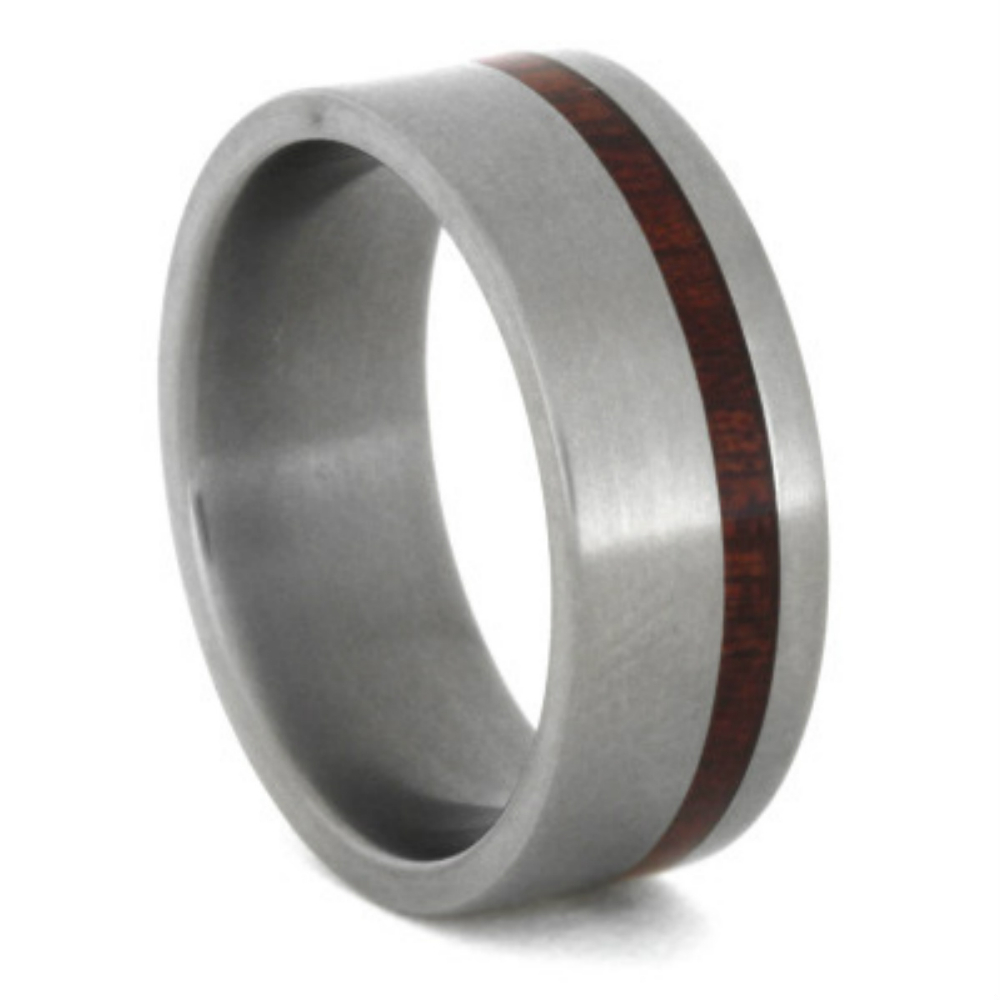  Bloodwood Pinstripe Inlay Flat Ring 10mm Comfort-Fit Titanium Wedding Band