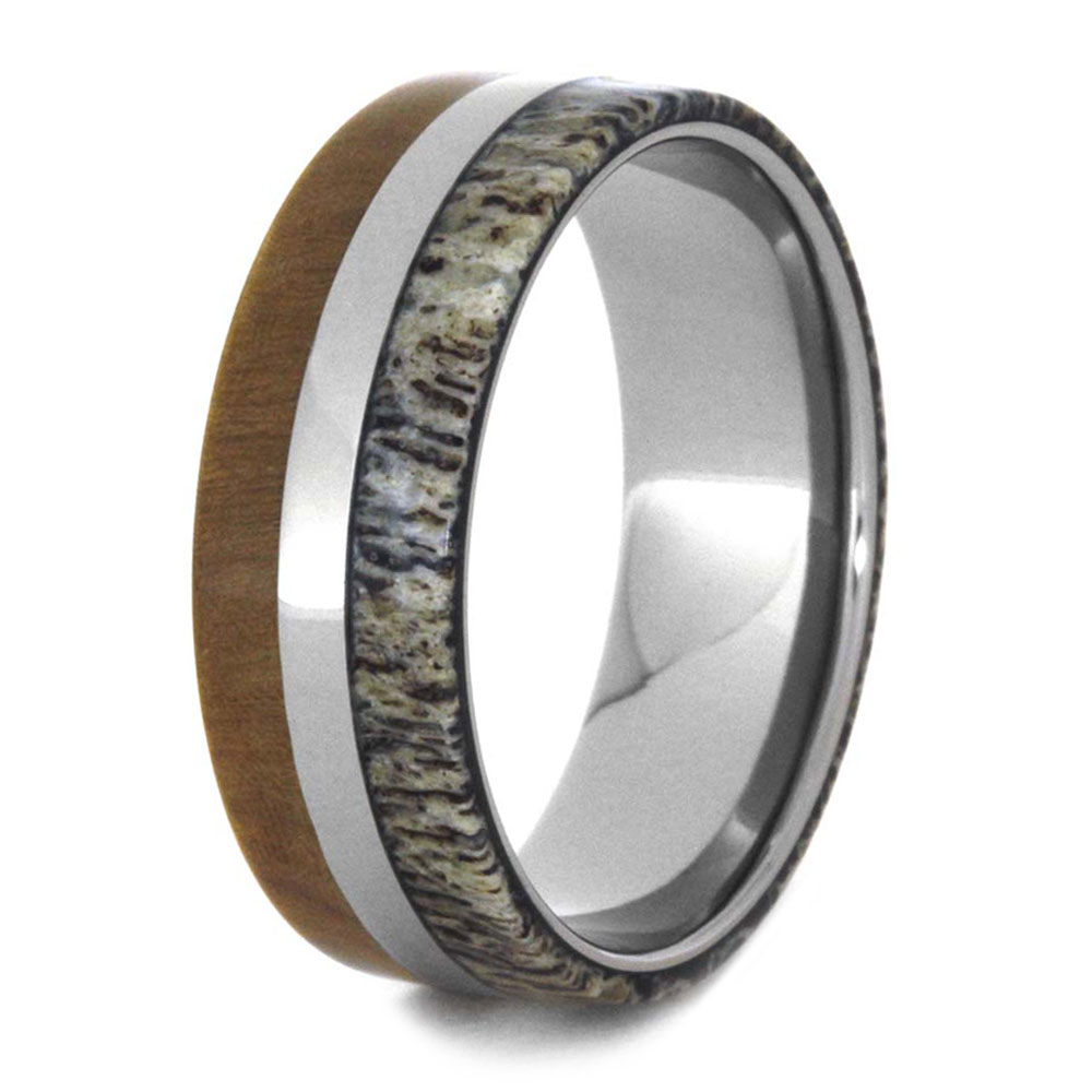 Deer Antler with Cherry Wood Burl Flat Ring 8mm Comfort-Fit Titanium Engagement Band