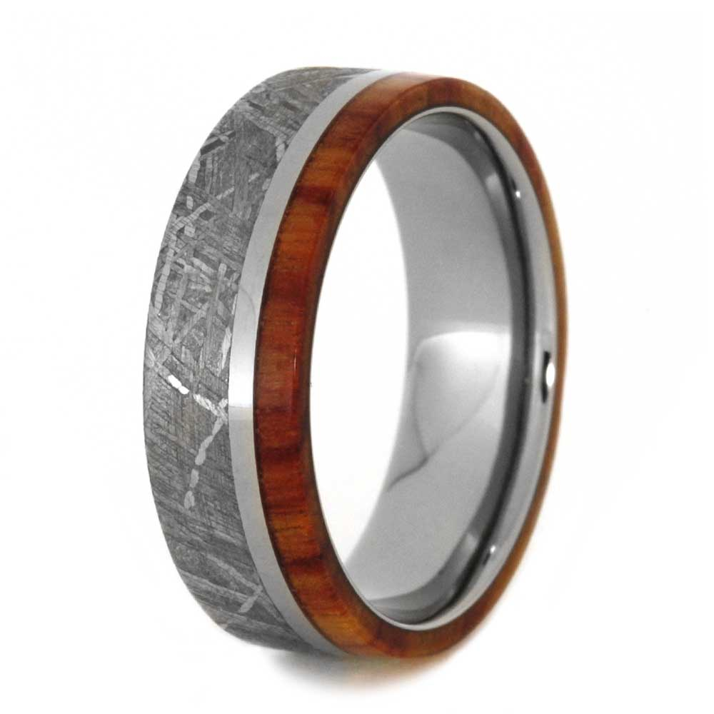 Gibeon Meteorite with Tulip Wood Flat Ring 7mm Comfort-Fit Polished Titanium Wedding Band title=
