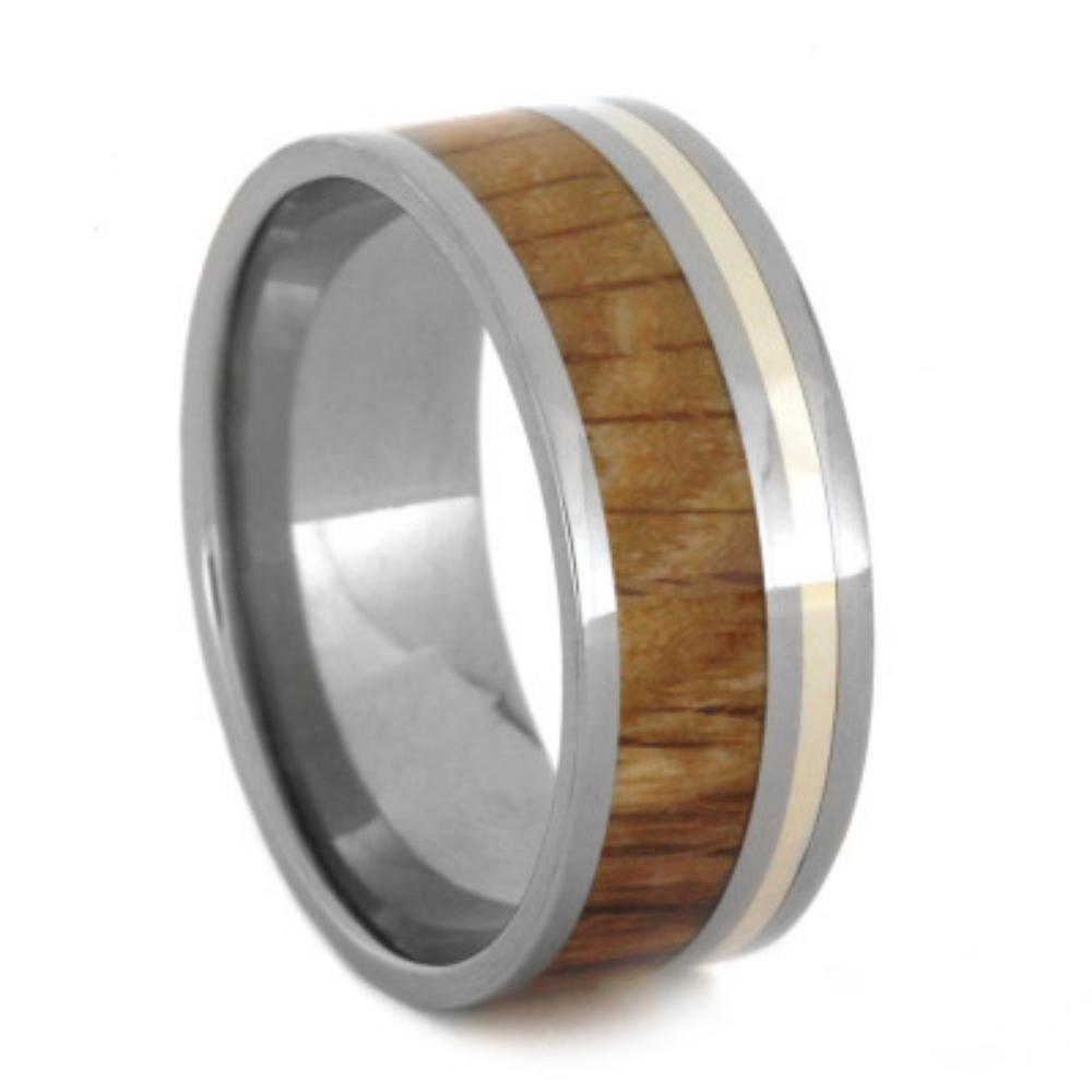 Oak Wood with 14k White Gold Pinstripe Inlay 10mm Comfort-Fit Polished Titanium Band