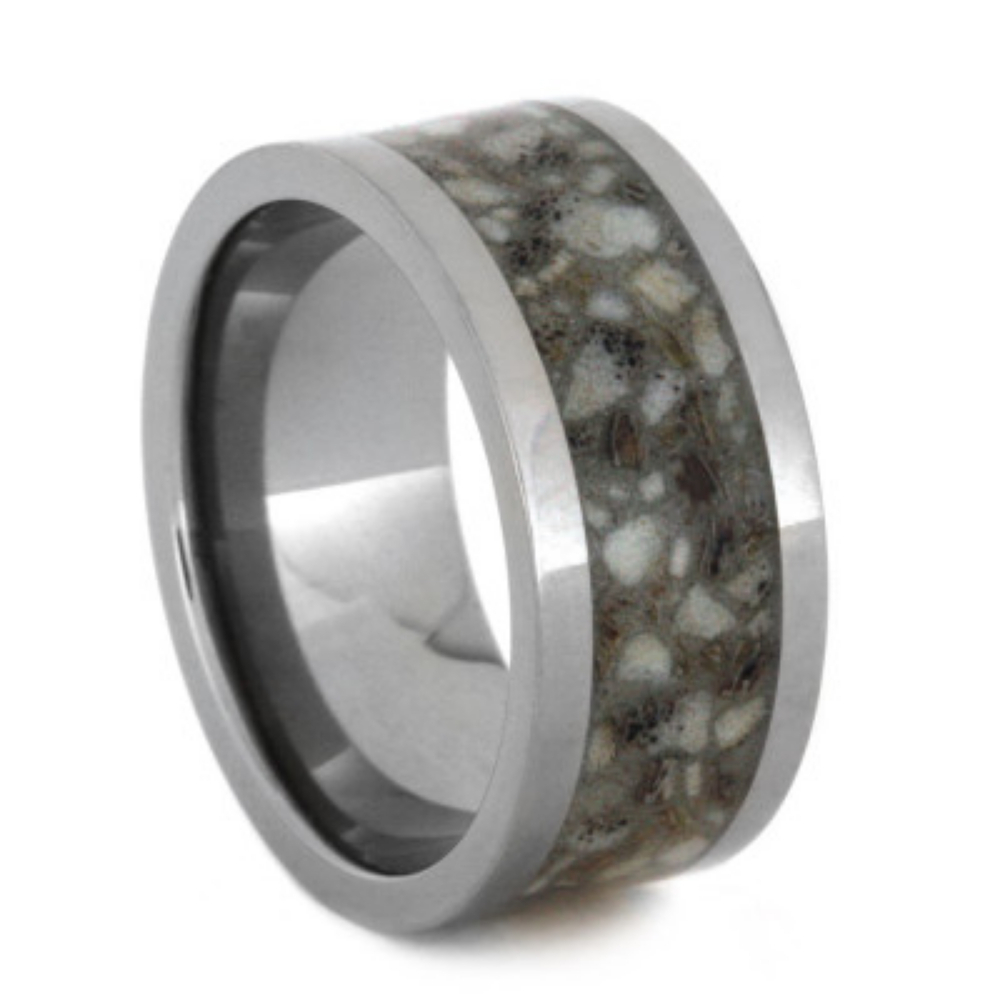 Crushed Deer Antler Inlay 9mm Comfort-Fit Polished Titanium Band 