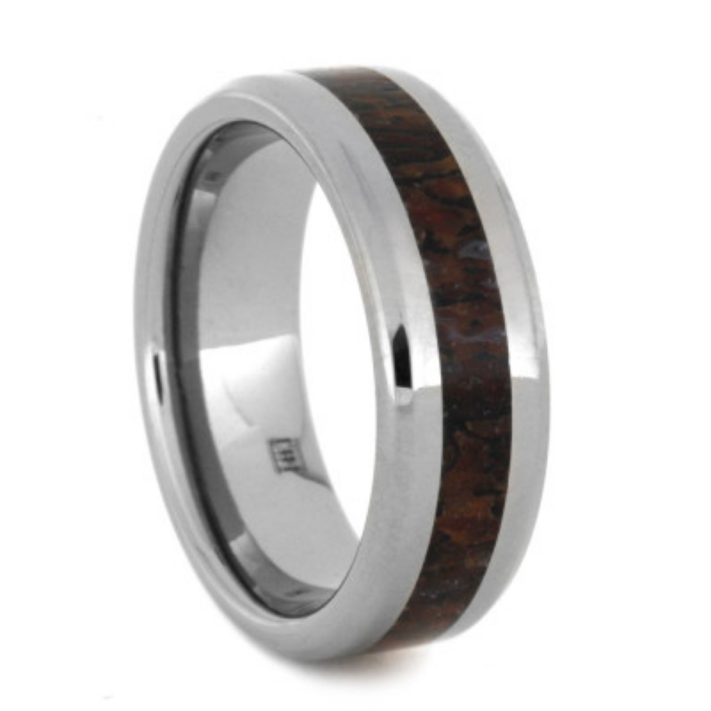 Dinosaur Bone Inlay Beveled Profile Ring 7mm Comfort-Fit Polished Titanium Wedding Band