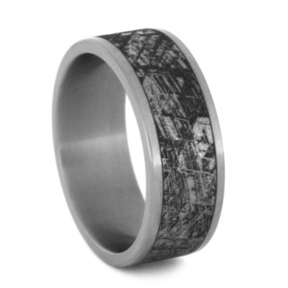 Mimetic Meteorite Inlay Flat Ring 8mm Comfort-Fit Matte Titanium Wedding Band 