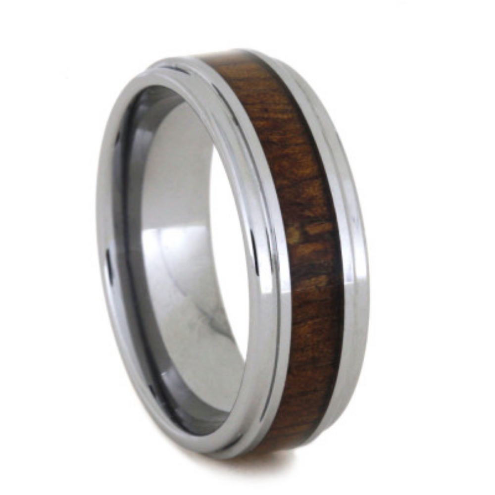 Hawaiian Koa Wood Inlay with Two-Step Titanium Edges Ring 8mm Comfort-Fit Polished Titanium Band