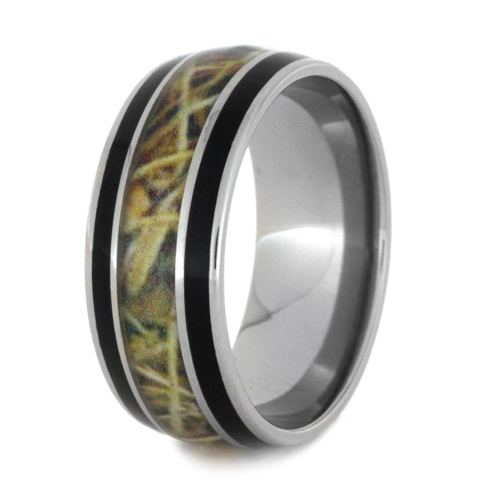 Black Enamel with Camo Pattern Inlay 9mm Comfort-Fit Titanium Wedding Band title=