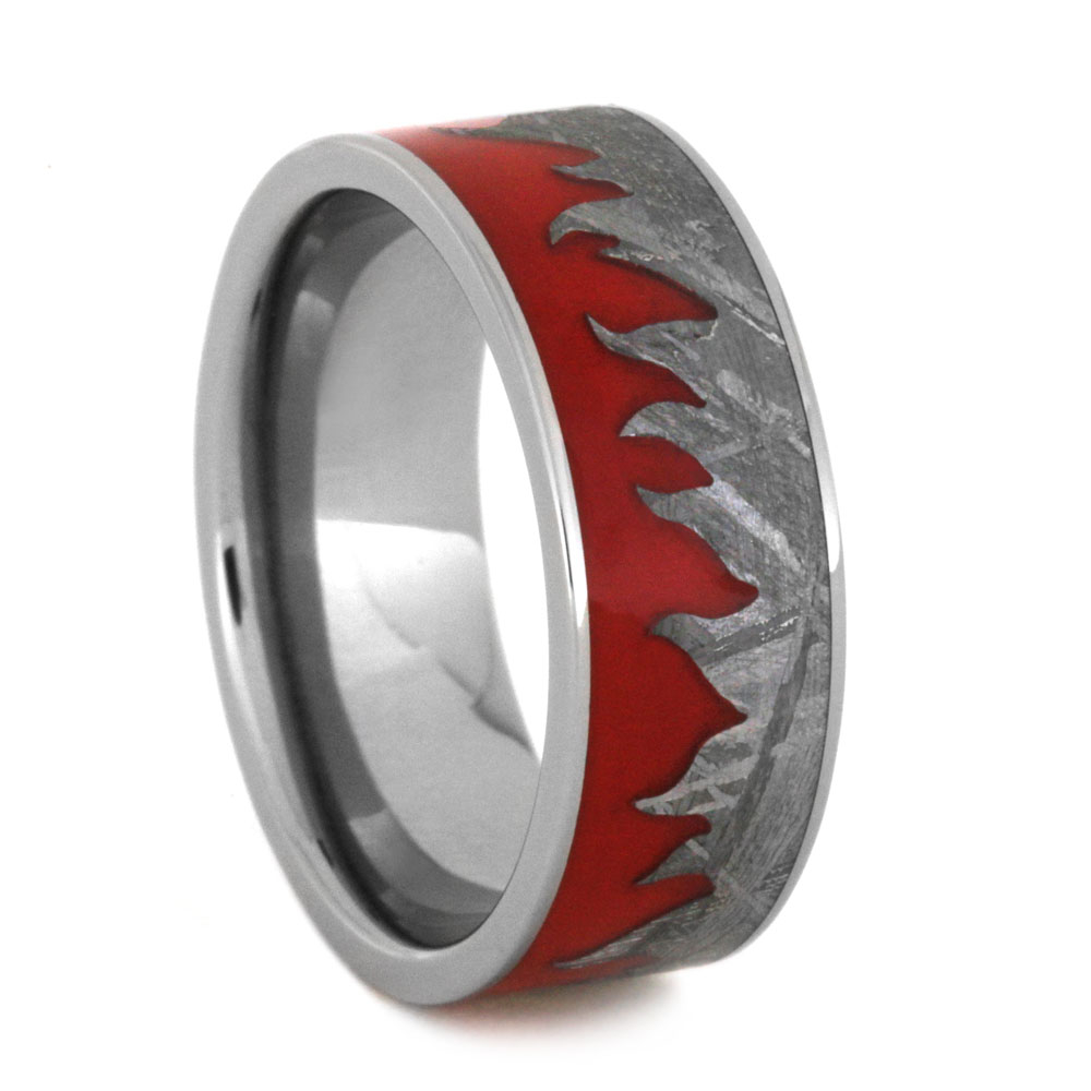  Red Flame Enamel and Meteorite with Fire Design Flat Ring 8mm Comfort-Fit Titanium Band