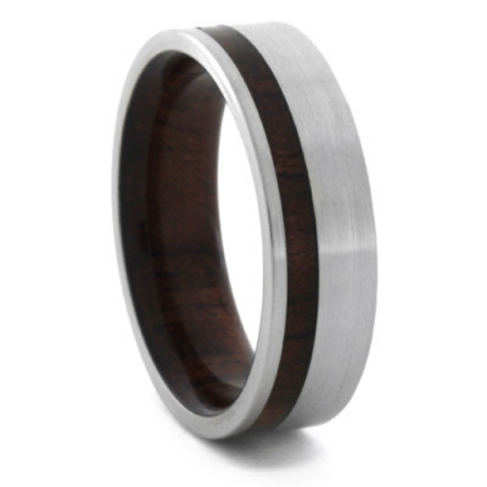 Bubinga Wood Sleeve Inlay 7mm Comfort-Fit Brushed Titanium Wedding Band