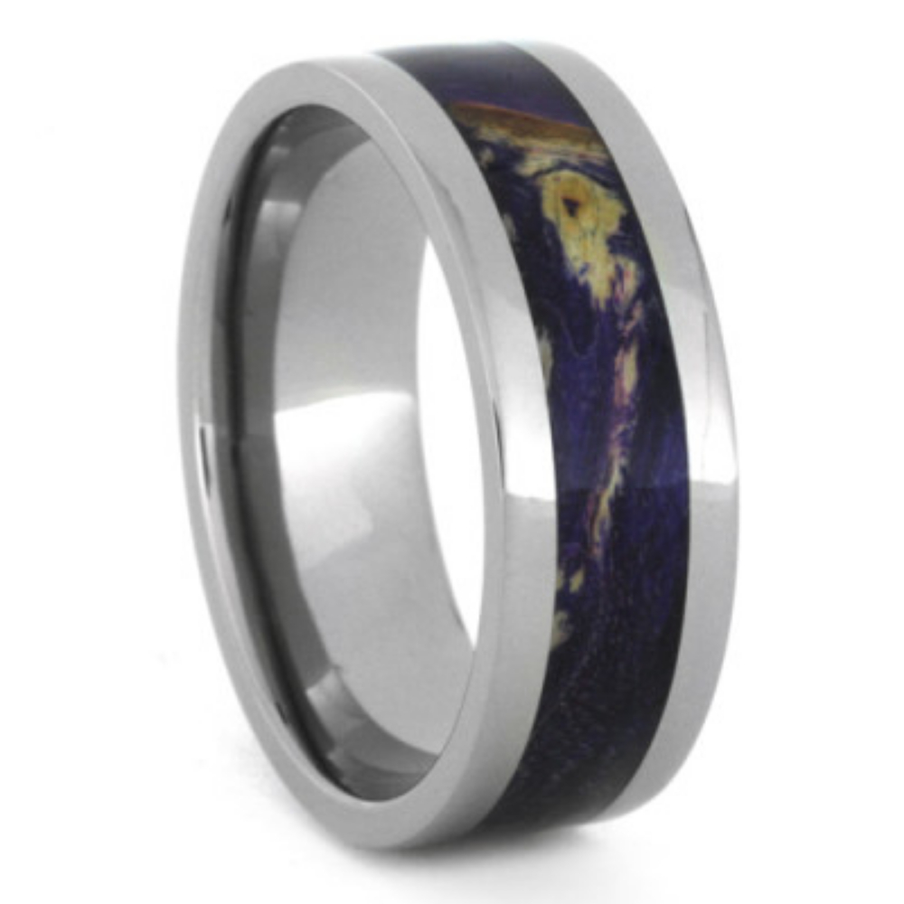 Blue Box Elder Burl Wood Inlay Flat Ring 8mm Comfort-Fit Wedding Titanium Band