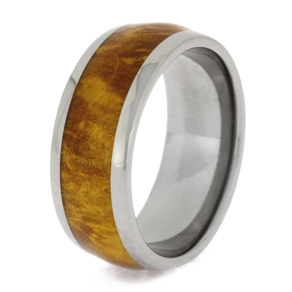 Gold Box Elder Burl Round Ring with Sleeve and Edges 10.5mm Comfort-Fit Titanium Band
