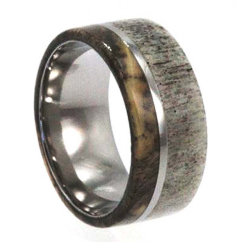 Deer Antler and Buckeye Burl with Titanium Pinstripe Inlay 10mm Comfort-Fit Polished Wedding Band