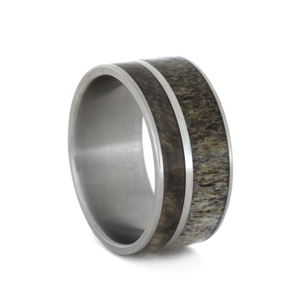 Deer Antler and Buckeye Wood with Titanium Pinstripe Inlay 10mm Comfort-Fit Matte Titanium Flat Band