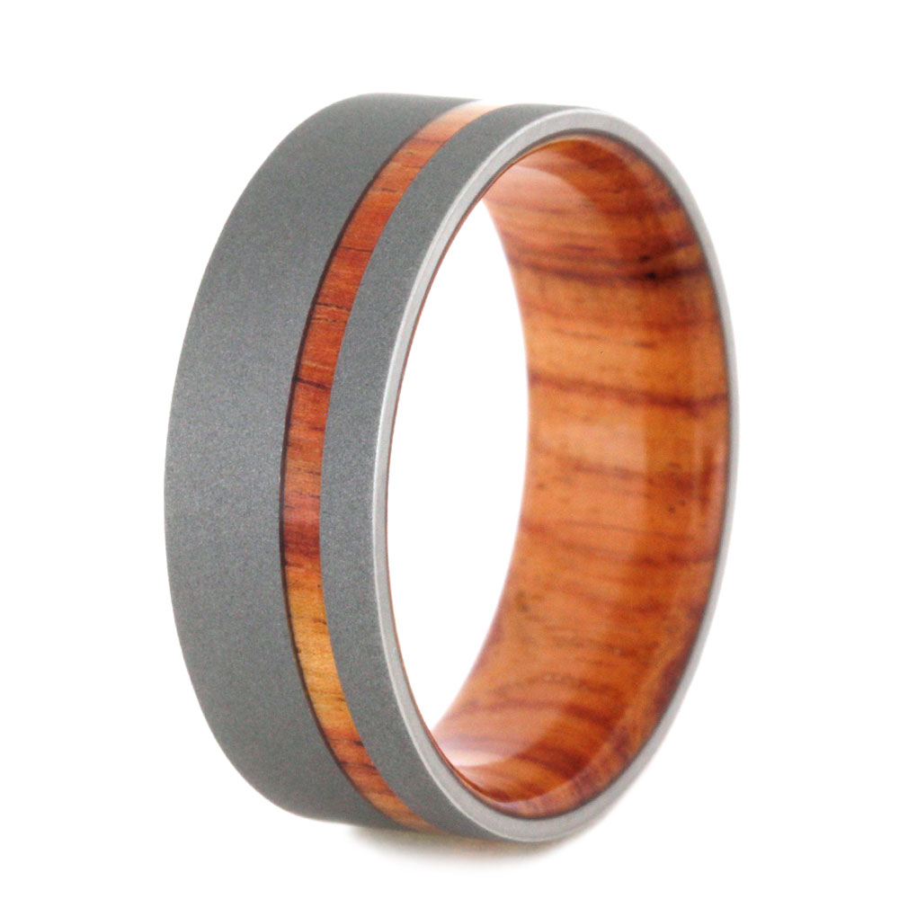 Tulip Wood Pinstripe Inlay 8mm Comfort-Fit Sandblasted Titanium Wedding Band