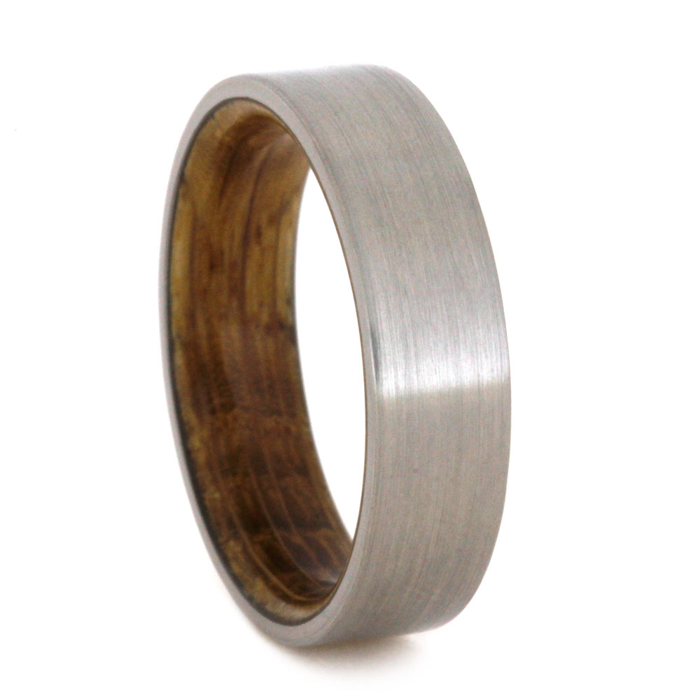 Whiskey Barrel Oak Wood with Brushed Titanium Overlay 9mm Comfort-Fit Wedding Band