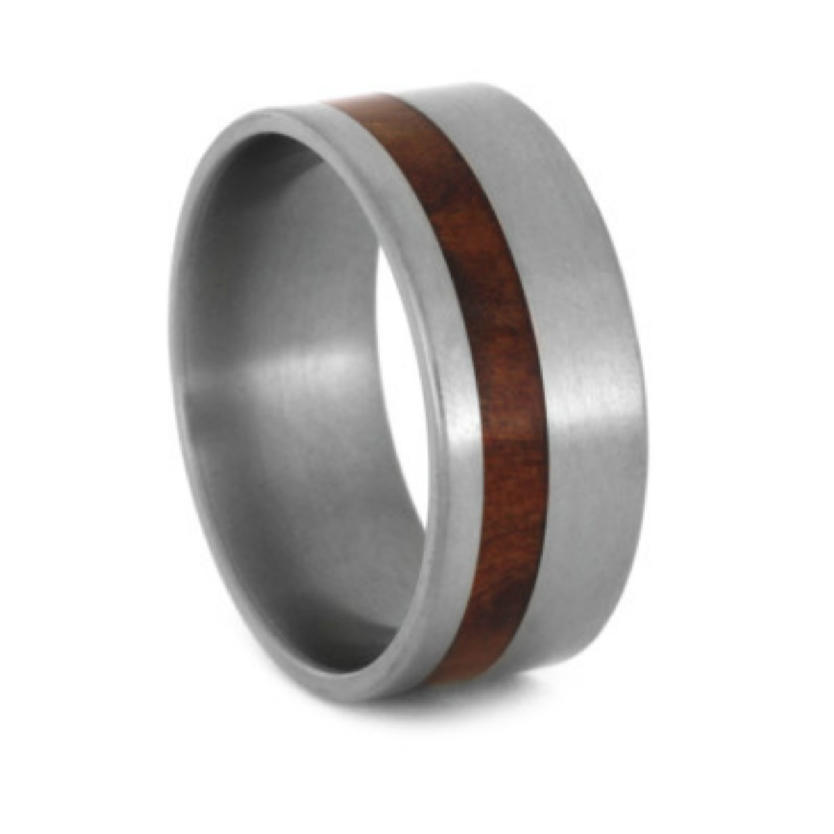 Tulip Wood Pinstripe Inlay 10mm Comfort-Fit Matte Titanium Wedding Band