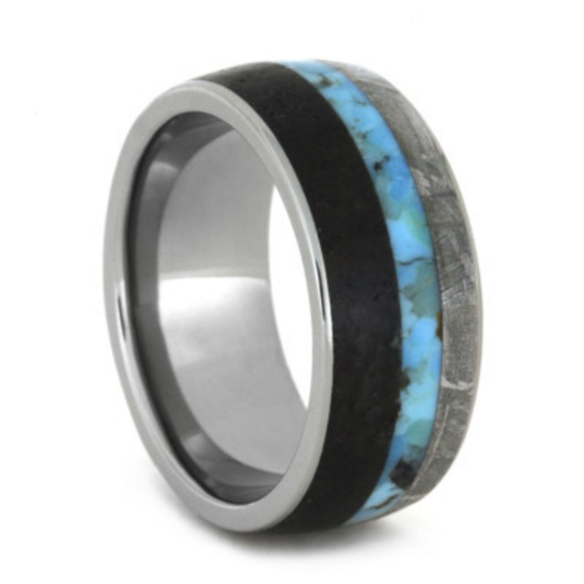 Turquoise Dinosaur Bone and Meteorite Inlay 10mm Comfort-Fit Titanium wedding Band