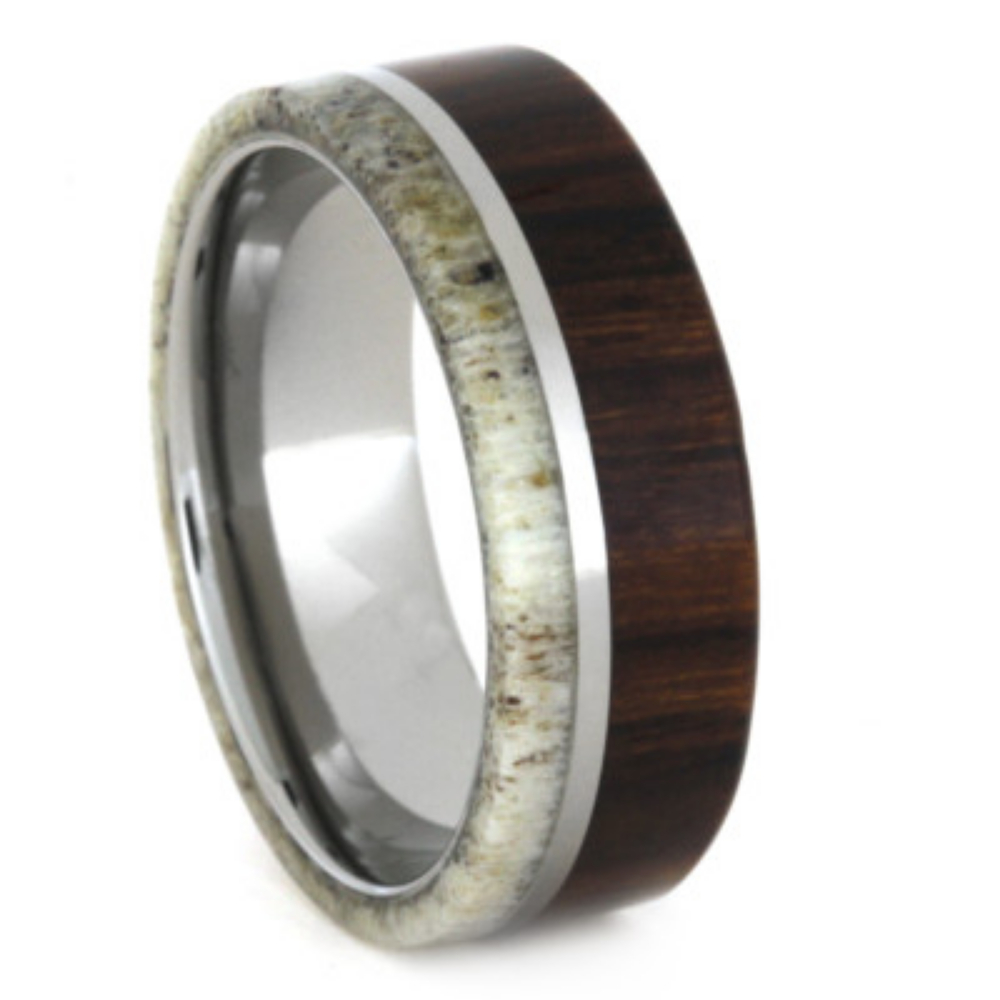 Desert Ironwood and Deer Antler Paired Inlay 8mm Comfort-Fit Titanium Wedding Band