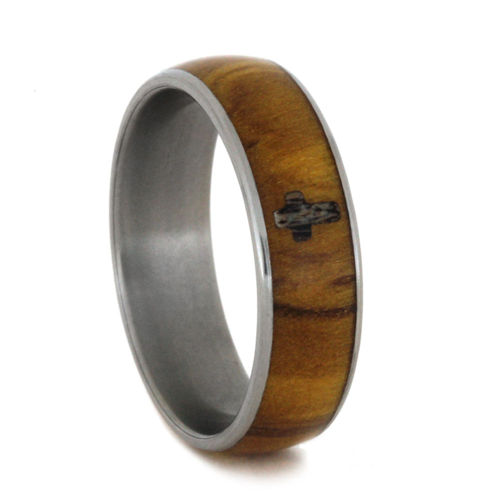 Antler Inlaid Cross, Olive Wood Comfort Fit Titanium Band