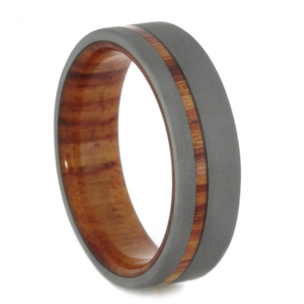 Sandblasted Titanium with Tulip Wood 7mm Flat Band.