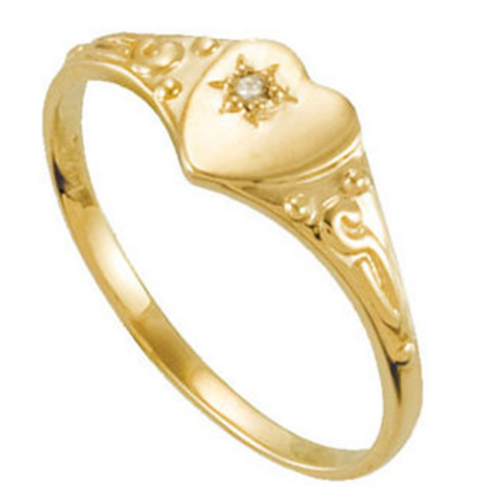 14k Yellow Gold Diamond Accent Heart Signet Ring for Girls' First Fine Jewelry.