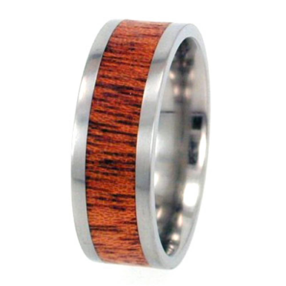 Koa Wood Inlay 8mm Comfort Fit Polished Titanium Wedding Band.