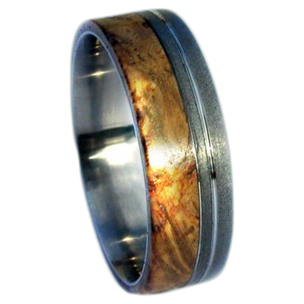 Black Ash Burl, Sandblasted Titanium With Groove Inlay 6mm Comfort Fit Sandblasted Titanium Band.